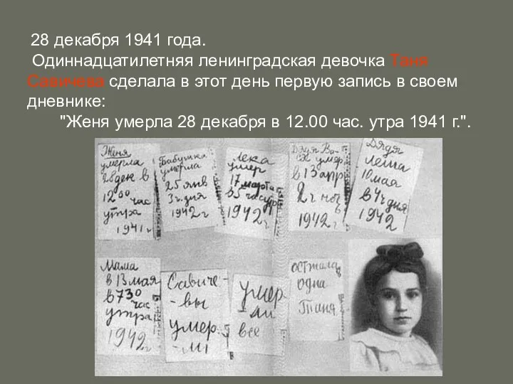 28 декабря 1941 года. Одиннадцатилетняя ленинградская девочка Таня Савичева сделала в этот день