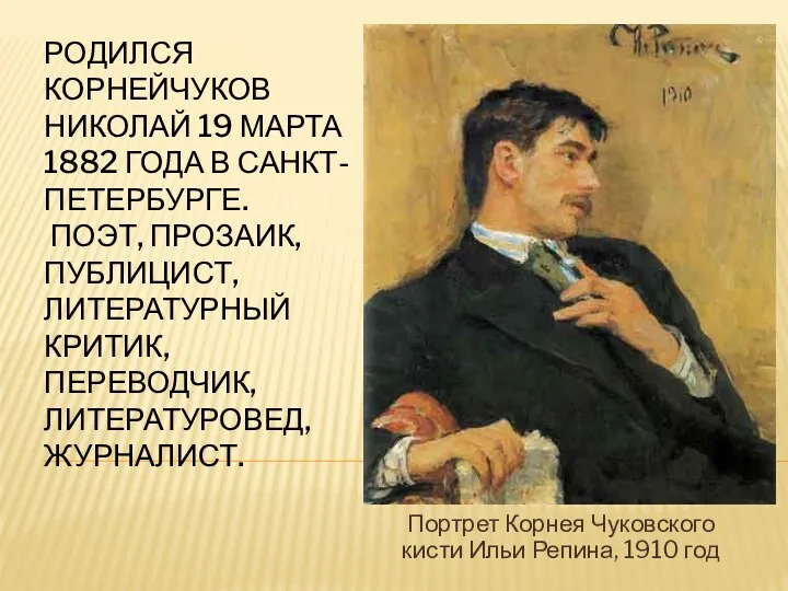 Родился Корнейчуков николай 19 марта 1882 года в Санкт-Петербурге. поэт, прозаик, публицист, литературный
