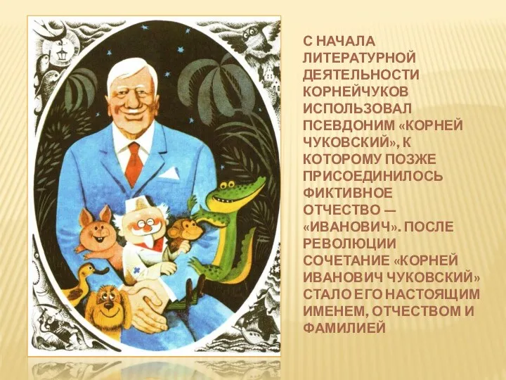 С начала литературной деятельности Корнейчуков использовал псевдоним «Корней Чуковский», к которому позже присоединилось
