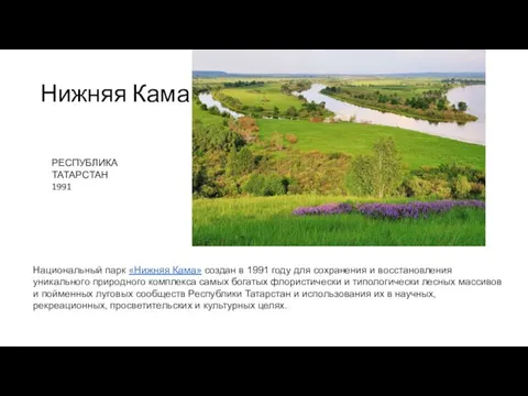 Нижняя Кама РЕСПУБЛИКА ТАТАРСТАН 1991 Национальный парк «Нижняя Кама» создан
