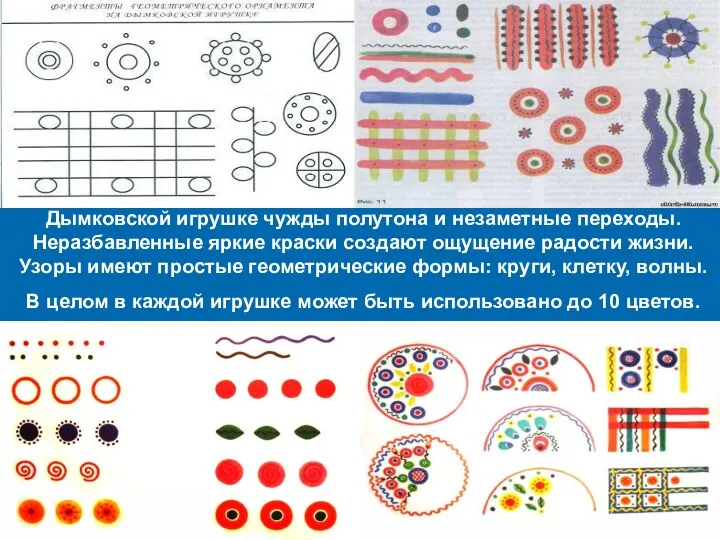 Дымковской игрушке чужды полутона и незаметные переходы. Неразбавленные яркие краски