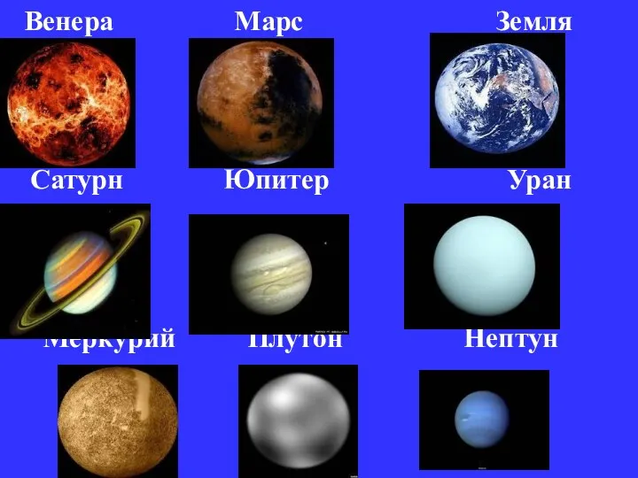 Венера Марс Земля Сатурн Юпитер Уран Меркурий Плутон Нептун