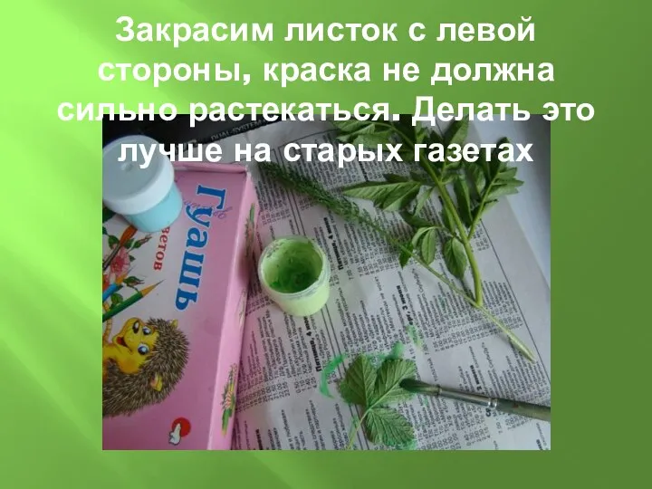 Закрасим листок с левой стороны, краска не должна сильно растекаться. Делать это лучше на старых газетах