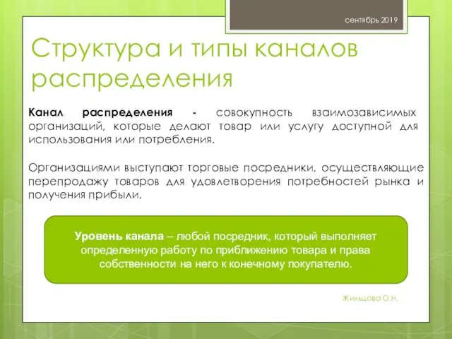 Структура и типы каналов распределения сентябрь 2019 Жильцова О.Н. Канал