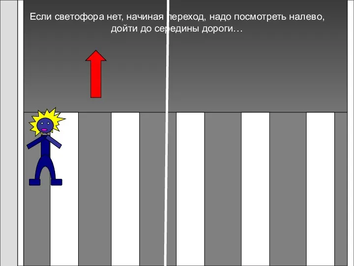 Если светофора нет, начиная переход, надо посмотреть налево, дойти до середины дороги…