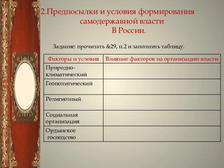 2.Предпосылки и условия формирования самодержавной власти В России. Задание: прочитать &29, п.2 и заполнить таблицу.