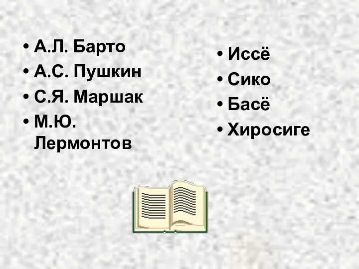 А.Л. Барто А.С. Пушкин С.Я. Маршак М.Ю. Лермонтов Иссё Сико Басё Хиросиге