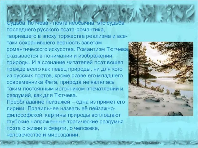 Судьба Тютчева - поэта необычна: это судьба последнего русского поэта-романтика,