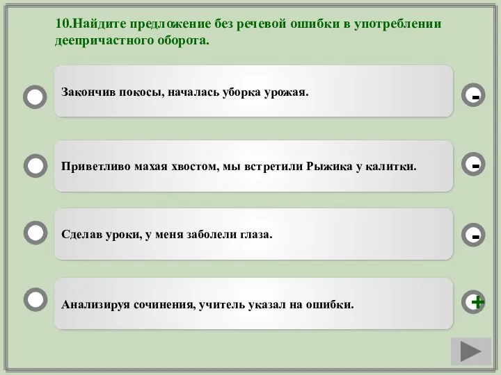 10.Найдите предложение без речевой ошибки в употреблении деепричастного оборота. Анализируя