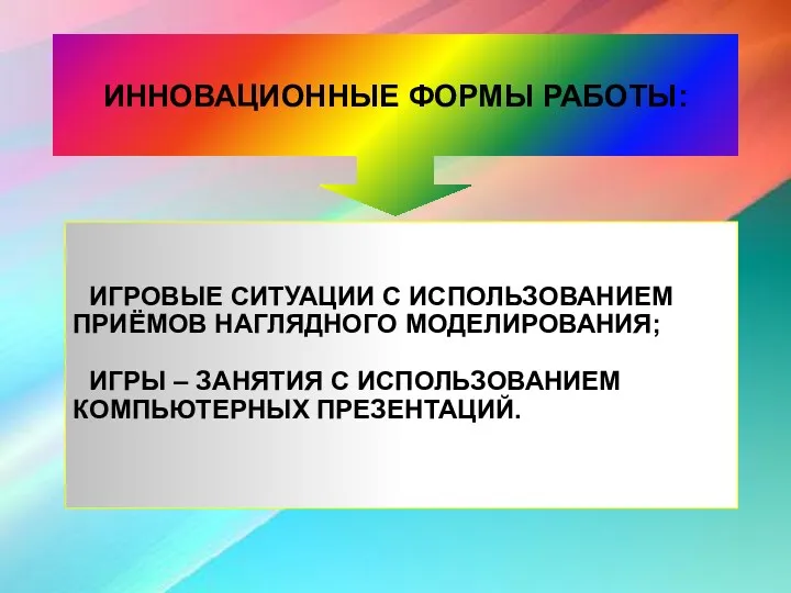 ИННОВАЦИОННЫЕ ФОРМЫ РАБОТЫ: ИГРОВЫЕ СИТУАЦИИ С ИСПОЛЬЗОВАНИЕМ ПРИЁМОВ НАГЛЯДНОГО МОДЕЛИРОВАНИЯ;