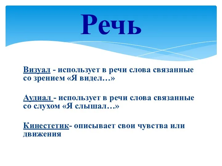 Визуал - использует в речи слова связанные со зрением «Я