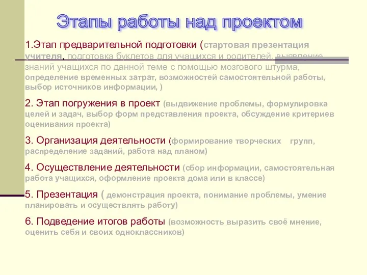 1.Этап предварительной подготовки (стартовая презентация учителя, подготовка буклетов для учащихся