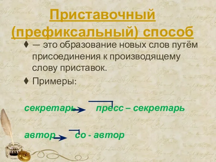 Приставочный (префиксальный) способ — это образование новых слов путём присоединения