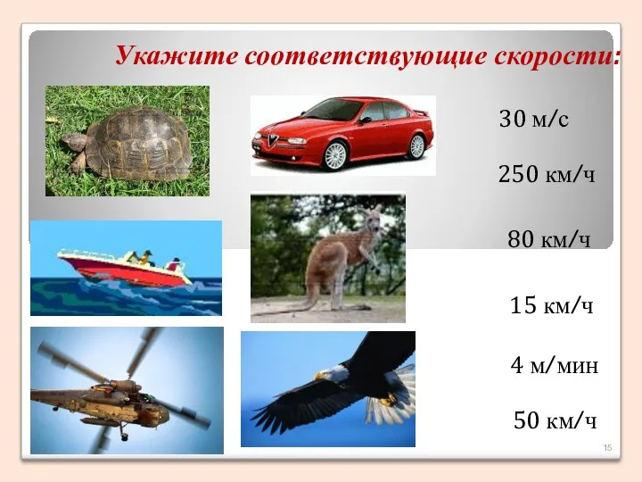 Укажите соответствующие скорости: 30 м/с 250 км/ч 80 км/ч 15 км/ч 4 м/мин 50 км/ч