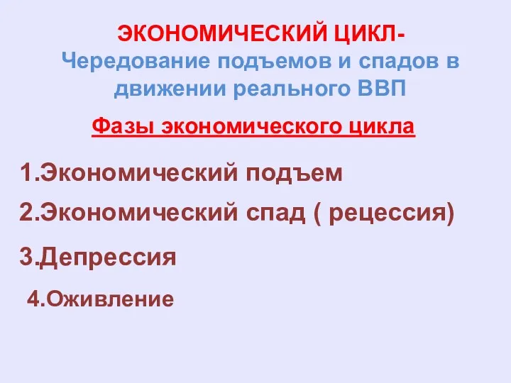 ЭКОНОМИЧЕСКИЙ ЦИКЛ- Чередование подъемов и спадов в движении реального ВВП