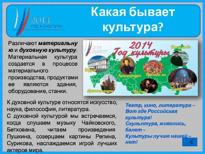 Какая бывает культура? Различают материальную и духовную культуру. Материальная культура