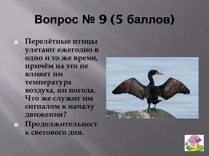 Вопрос № 9 (5 баллов) Перелётные птицы улетают ежегодно в