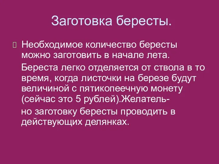 Заготовка бересты. Необходимое количество бересты можно заготовить в начале лета. Береста легко отделяется