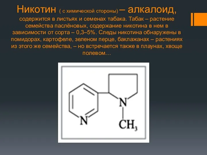 Никотин ( с химической стороны) – алкалоид, содержится в листьях