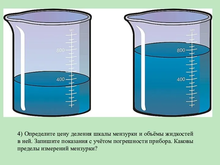 4) Определите цену деления шкалы мензурки и объёмы жидкостей в