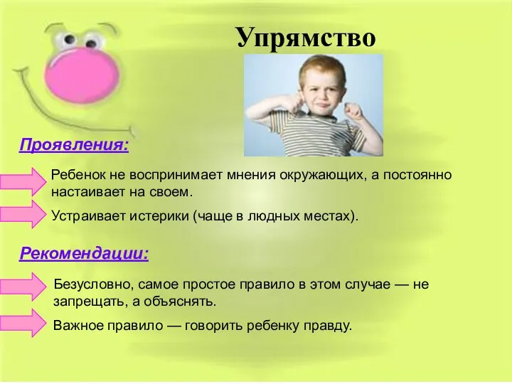 Проявления: Ребенок не воспринимает мнения окружающих, а постоянно настаивает на