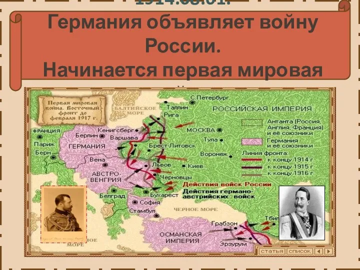 1914.08.01. Германия объявляет войну России. Начинается первая мировая война.