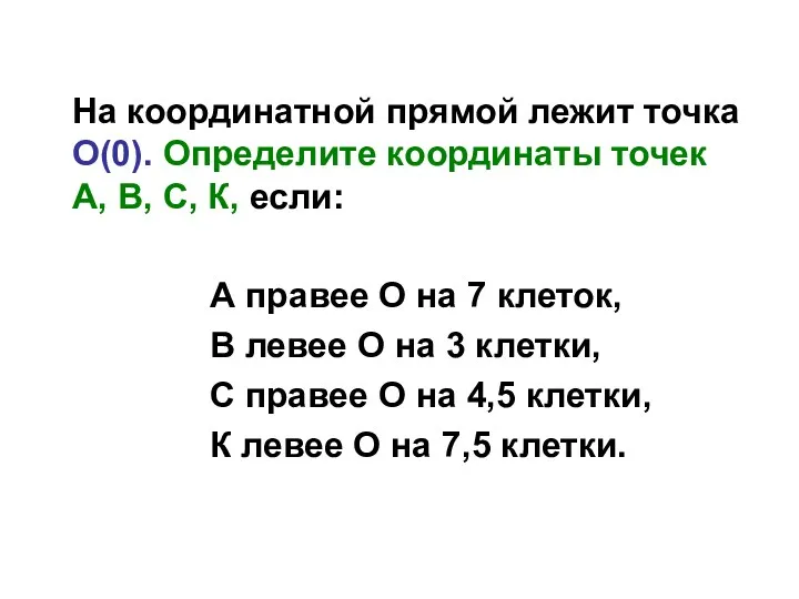 На координатной прямой лежит точка О(0). Определите координаты точек А,