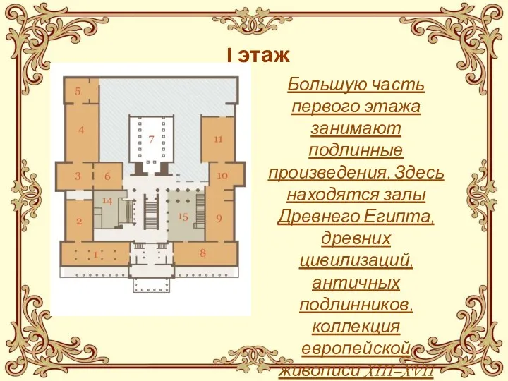 Большую часть первого этажа занимают подлинные произведения. Здесь находятся залы Древнего Египта, древних