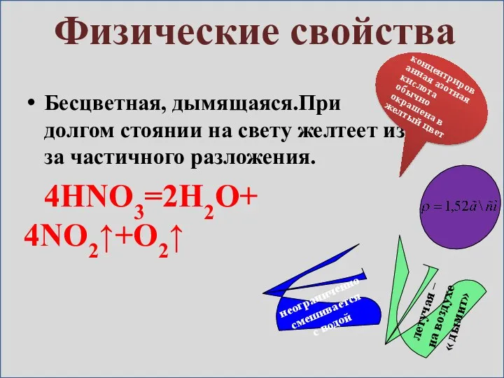 Физические свойства Бесцветная, дымящаяся.При долгом стоянии на свету желтеет из-за частичного разложения. 4HNO3=2Н2О+