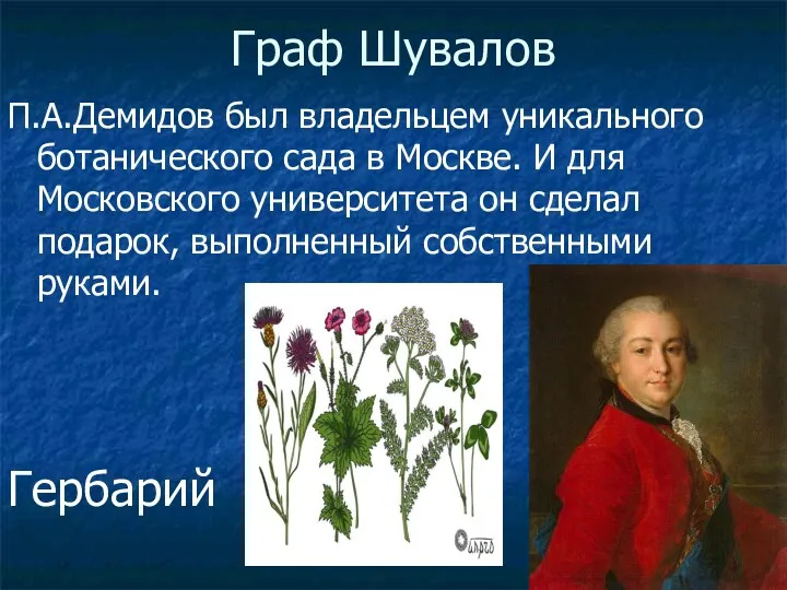 Граф Шувалов П.А.Демидов был владельцем уникального ботанического сада в Москве.