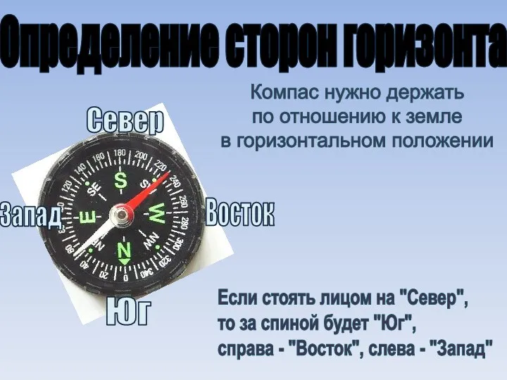 Определение сторон горизонта Компас нужно держать по отношению к земле