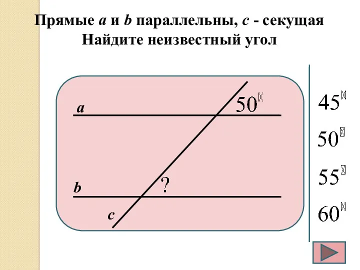 Прямые а и b параллельны, с - секущая Найдите неизвестный угол а b с