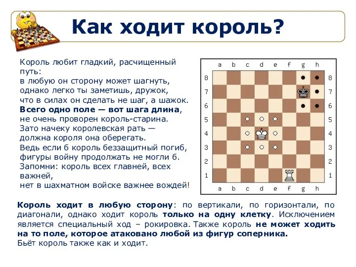 Как ходит король? Король любит гладкий, расчищенный путь: в любую