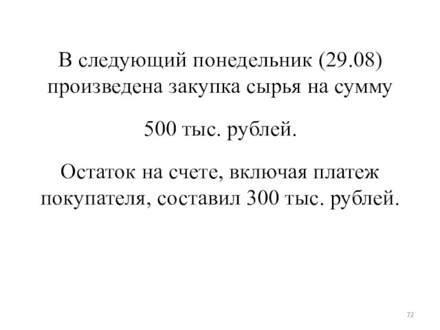 В следующий понедельник (29.08) произведена закупка сырья на сумму 500