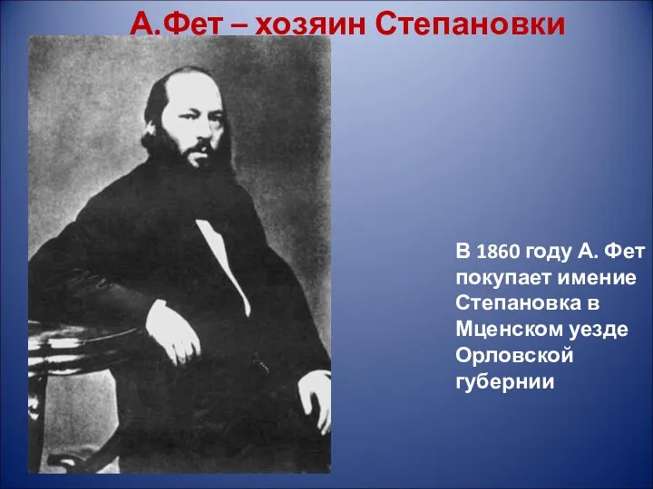 А.Фет – хозяин Степановки В 1860 году А. Фет покупает
