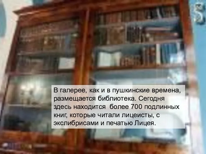В галерее, как и в пушкинские времена, размещается библиотека. Сегодня