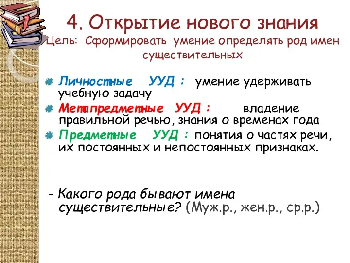 4. Открытие нового знания Цель: Сформировать умение определять род имен