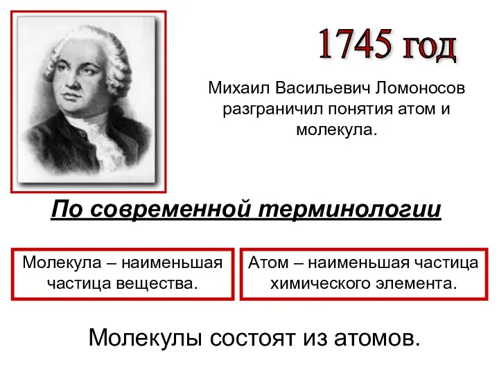 1745 год Михаил Васильевич Ломоносов разграничил понятия атом и молекула.
