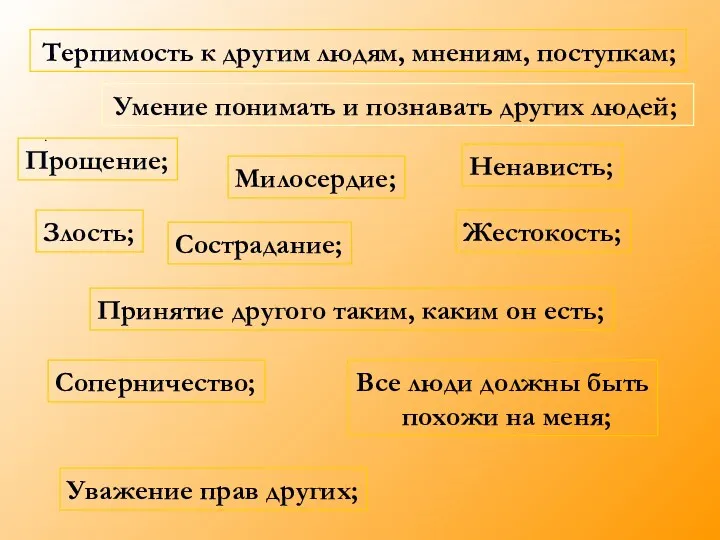 Терпимость к другим людям, мнениям, поступкам; Умение понимать и познавать