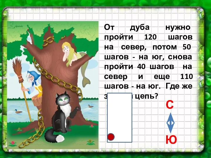 От дуба нужно пройти 120 шагов на север, потом 50