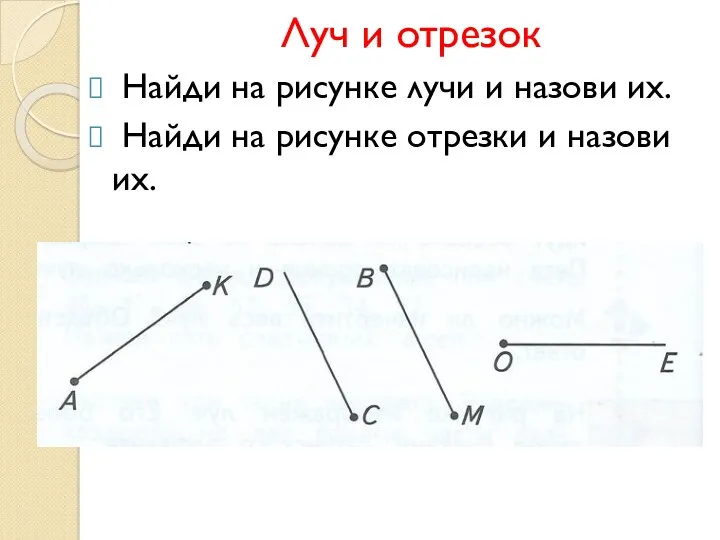 Луч и отрезок Найди на рисунке лучи и назови их.