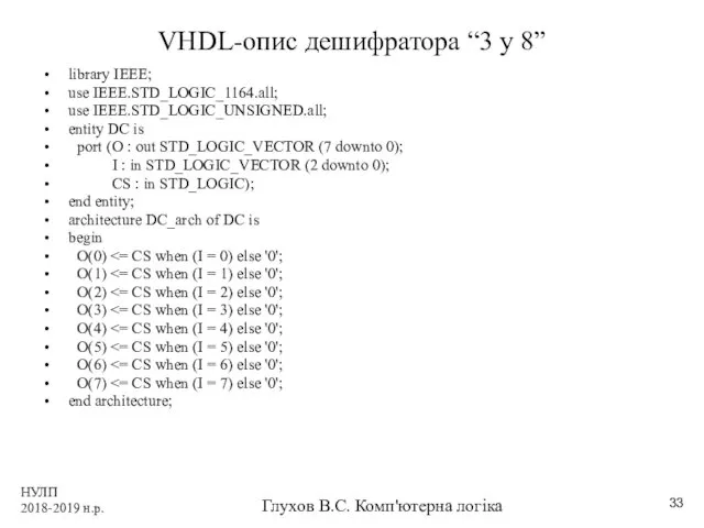 НУЛП 2018-2019 н.р. Глухов В.С. Комп'ютерна логіка VHDL-опис дешифратора “3 у 8” library