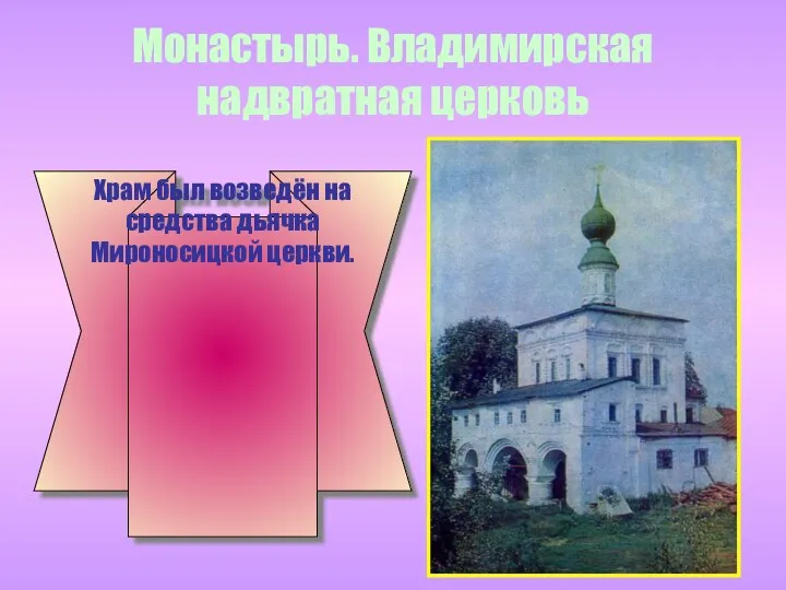 Монастырь. Владимирская надвратная церковь Храм был возведён на средства дьячка Мироносицкой церкви.