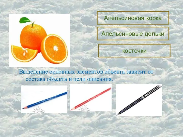 Апельсиновая корка Апельсиновые дольки косточки Выделение основных элементов объекта зависит от состава объекта и цели описания.