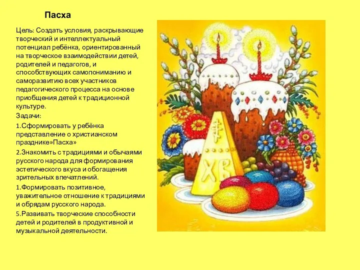 Пасха Цель: Создать условия, раскрывающие творческий и интеллектуальный потенциал ребёнка,