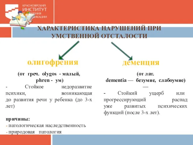 ХАРАКТЕРИСТИКА НАРУШЕНИЙ ПРИ УМСТВЕННОЙ ОТСТАЛОСТИ олигофрения деменция (от лат. dementia