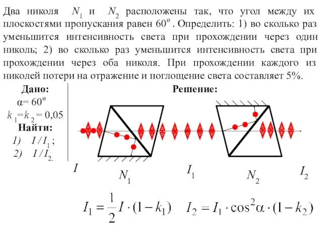 Два николя N1 и N2 расположены так, что угол между