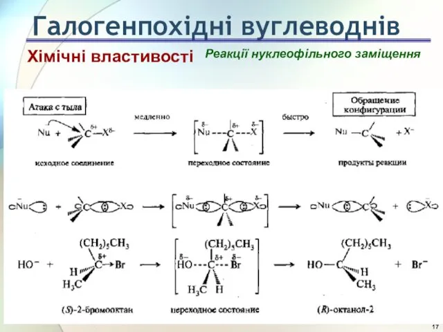 Реакції нуклеофільного заміщення Хімічні властивості Галогенпохідні вуглеводнів