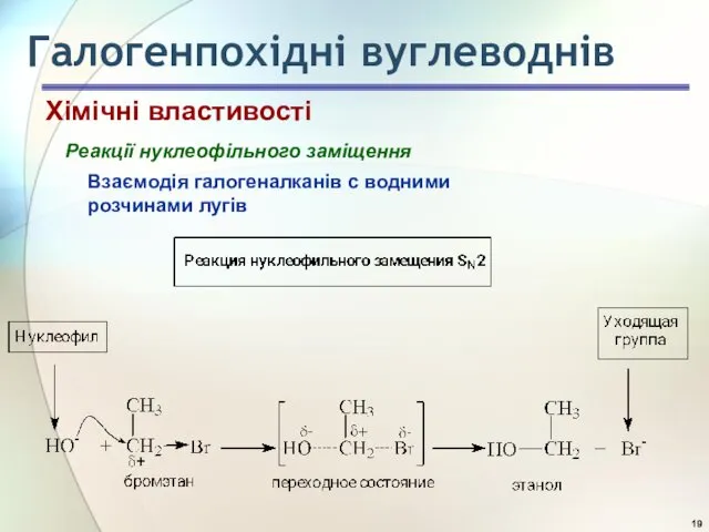 Реакції нуклеофільного заміщення Взаємодія галогеналканів с водними розчинами лугів Хімічні властивості Галогенпохідні вуглеводнів