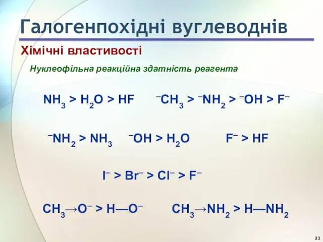 Нуклеофільна реакційна здатність реагента NH3 > H2O > HF –CH3